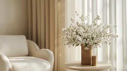 Elegant white armchair and peach flowers on table enhancing modern home interior