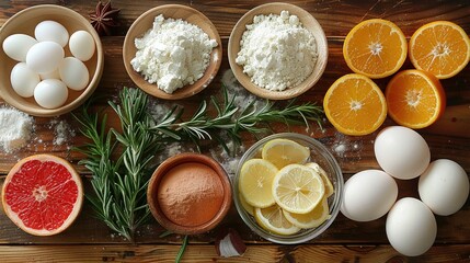 Assembling ingredients for a recipe, clean layout, natural light, flat lay, Ultra HD