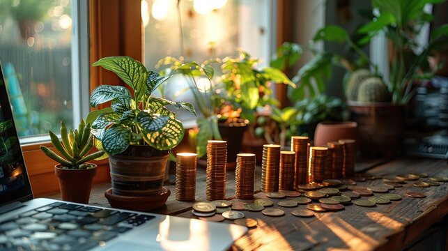 Banking security tokens beside a laptop, organized, morning light, Colourful