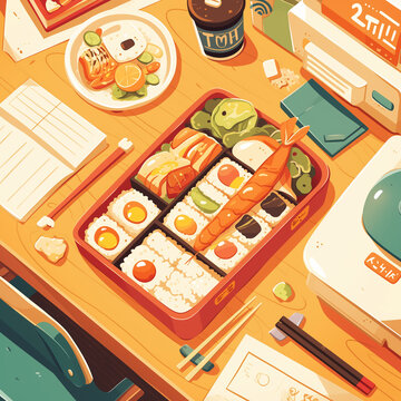 anime illustration of  a bento box on top of a desk, Japanese bento box, sushi, food, illustration of a bento box with vegetables and sushi