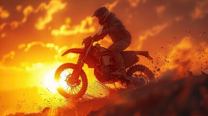 Rider executing a stylish trick in the backcountry, silhouette, golden hour, 3D illustration