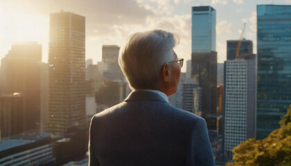 Fototapeta na wymiar Old man looking at skyscrapers, back view, back shot, clouds, gray hair, glasses, suit