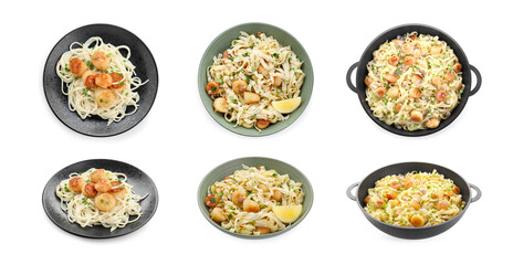 Set of different dishes with scallops isolated on white, top and side views