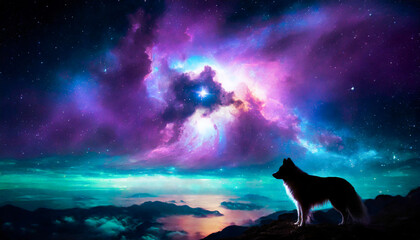 dog watching a nebula afterlife concept - obrazy, fototapety, plakaty