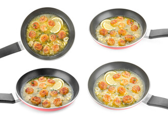 Collage of delicious scallops with sauce in pan isolated on white