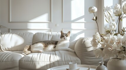 Serene white cat on armchair in sunlit room with wooden table and spring flowers