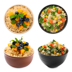Tasty quinoa porridge in bowls isolated on white, top and side views