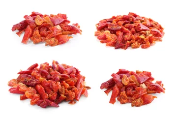 Fotobehang Aromatic spices. Red chili pepper flakes on white background © New Africa