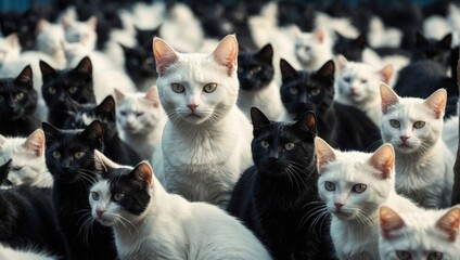 A white cat alone among a crowd of black cat, concept of standing out from the crowd as a leader, of being different and unique with its own identity and special skills among the others