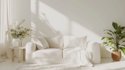 All-white living room with sunlight casting shadows and pink flowers on side table