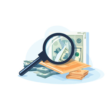Money bills and magnifying glass icon flat vector 