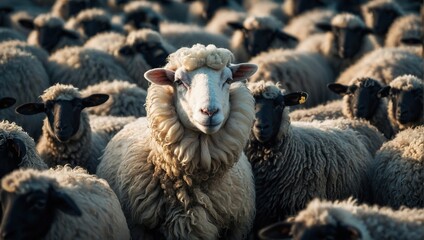 A white sheep alone among a crowd of black sheep, concept of standing out from the crowd as a leader, of being different and unique with its own identity and special skills among the others