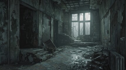 The background is a ruined and eerie building with a grungy and old appearance, set in a