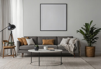 frame and poster mockup in modern living room interior.