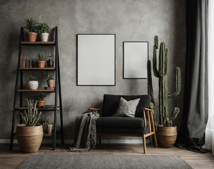 frame and poster mockup in modern loft living room interior.