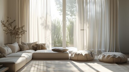Modern beige sofa with plush cushions and pampas grass in a sun-drenched living room