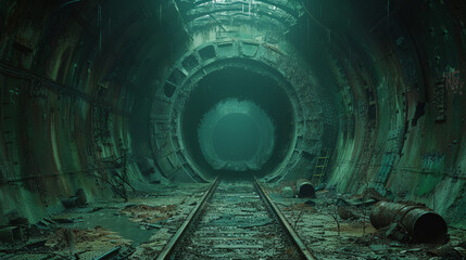 Cyborg Hideout: Abandoned Subway Tunnel Secrets - obrazy, fototapety, plakaty