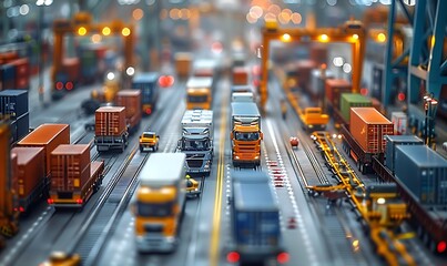 Container trucks in a port full of logistics tools and vehicles the invisible world that drives global commerce with a tilt-shift miniature effect