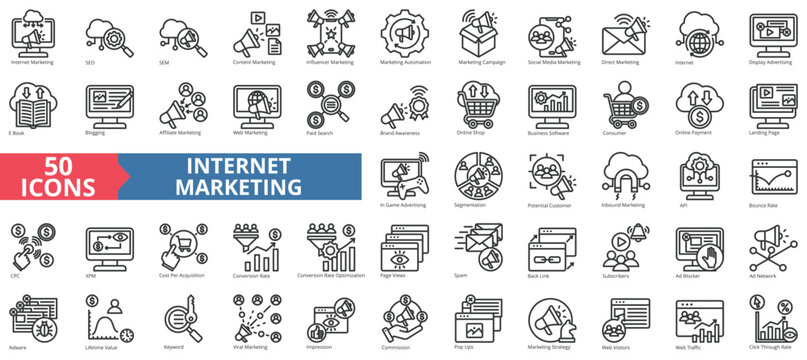 Internet marketing icon collection set. Containing seo, sem, content, influencer, campaign, social media, automation icon. Simple line vector.