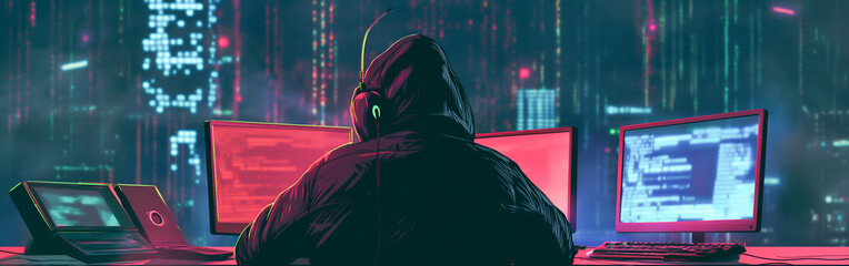 A man is sitting in front of a computer with a hood over his head, hacker, cyber attack, cyber...