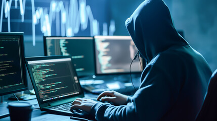 A man in a hoodie is typing on a laptop computer, hacker, cyber attack, cyber security