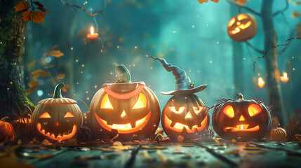 A group of pumpkins with a witch's hat on one of them, Halloween party concept