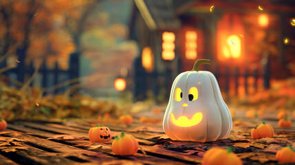 A white pumpkin with a smiley face on it is sitting on a wooden deck , Halloween party concept