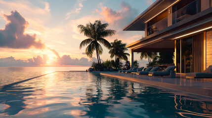A beautiful beach house with a pool and a palm tree - obrazy, fototapety, plakaty