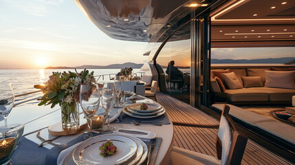 A beautiful yacht with a table set up for a dinner party - obrazy, fototapety, plakaty