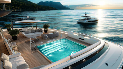 A large yacht with a pool on the deck and a boat in the water