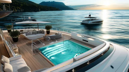 Photo sur Plexiglas Europe méditerranéenne A large yacht with a pool on the deck and a boat in the water