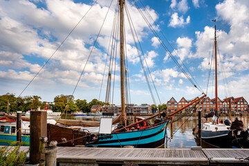 Typical harbor scene in Leer,East Frisia,Lower Saxony,Germany