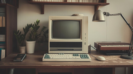 An computer desk with aold retro computer computer monitor and keyboard