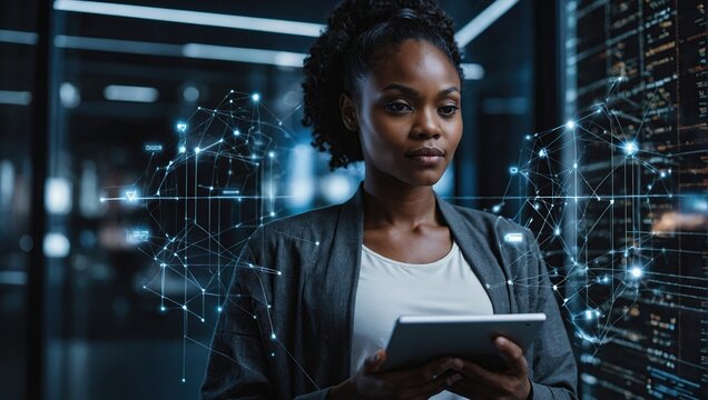 Black woman with tablet, erp data overlay and innovation, research and programming in future information technology, Futuristic network, analytics and developer for startup business website software - Powered by Adobe