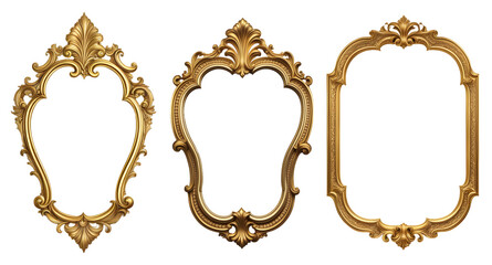 Conjunto de molduras vintages dourada em formato diferente ,moldura de espelho retro, porta retrato isolado em fundo transparente - obrazy, fototapety, plakaty