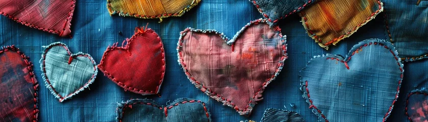 Foto op Plexiglas A fabric background with patches sewn together in the shape of hearts representing loves ability to mend and unite © AI Farm