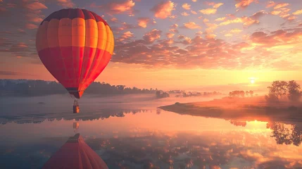 Foto op Plexiglas A hot air balloon rising at dawn over a tranquil landscape representing the ascent of ideas and dreams © AI Farm