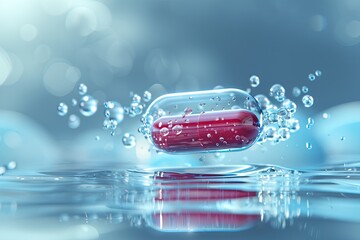 A macro 3D rendering of a pill dissolving in water showcasing the diffusion process - obrazy, fototapety, plakaty
