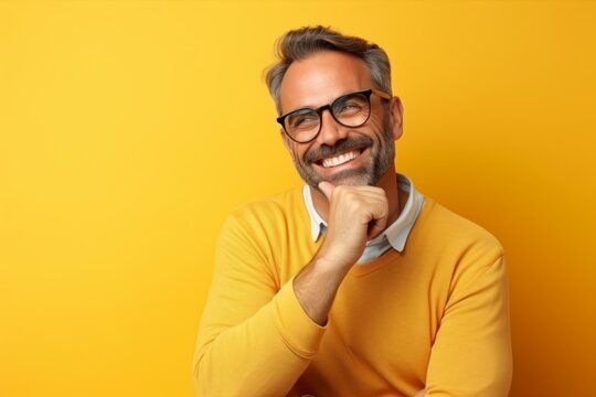 Portrait of a happy mature man with eyeglasses over yellow background