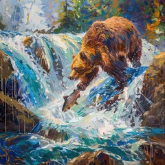 A vibrant scene of a bear catching salmon in a waterfall capturing the power and majesty of wildlife