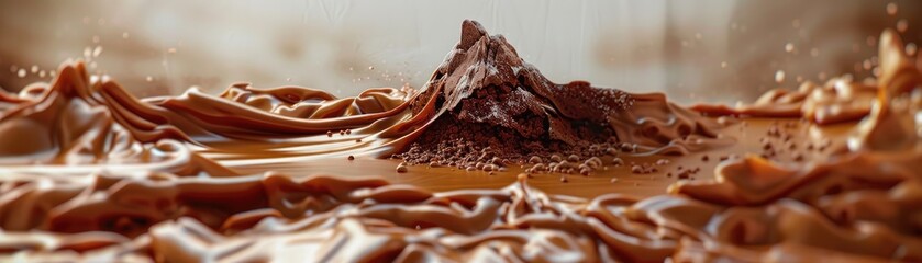 A whimsical dessert landscape featuring a chocolate mousse mountain with a flowing caramel river