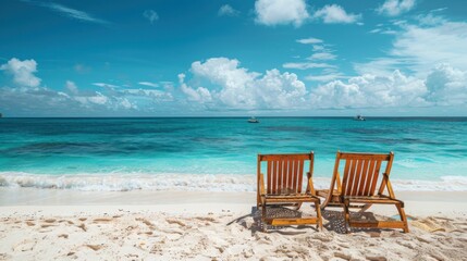 two lounge chairs on a sandy beach with blue sky