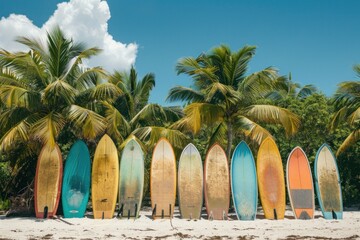 Surfboards on a sandy beach with palm trees in the background. Pastel sunset colors, retro style. Generative AI