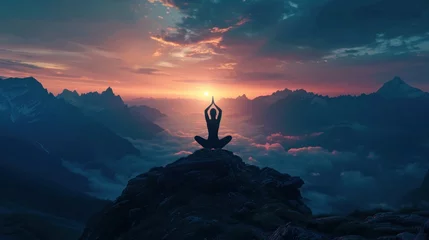 Fotobehang silhouette of a woman practicing yoga in the summit with mountain Background. © 2D_Jungle