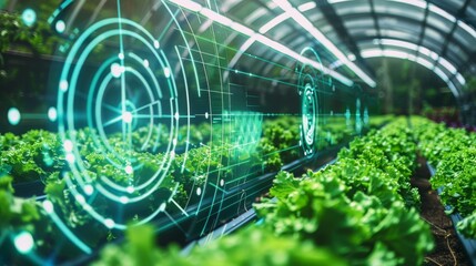 Digital agriculture futuristic concept, holographic analytics over lettuce farm, smart farming tech - obrazy, fototapety, plakaty