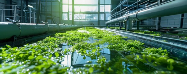 Algae biofuel production in an aquatic plant farm under natural sunlight, green energy concept