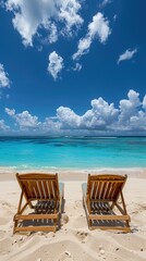 Fototapeta premium two lounge chairs on a sandy beach with blue sky