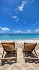 Fototapeta na wymiar two lounge chairs on a sandy beach with blue sky