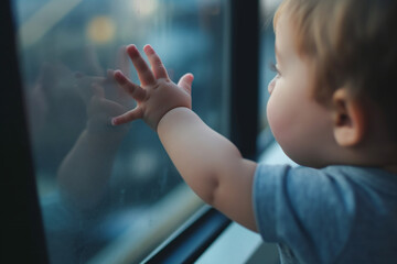 young baby boy looking through a window child's hand on the window - obrazy, fototapety, plakaty
