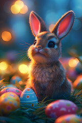 Fototapeta na wymiar Cute Easter rabbit with decorated eggs on magic field with colorful neon lights. Little bunny in the meadow. Fairy tail. Happy Easter greeting card, banner, border